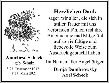 Traueranzeige von Anneliese Scheck von Lübecker Nachrichten