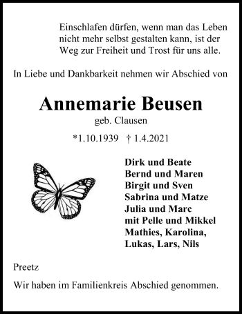 Traueranzeige von Annemarie Beusen von Kieler Nachrichten