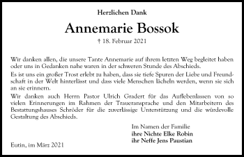 Traueranzeige von Annemarie Bossok von Lübecker Nachrichten