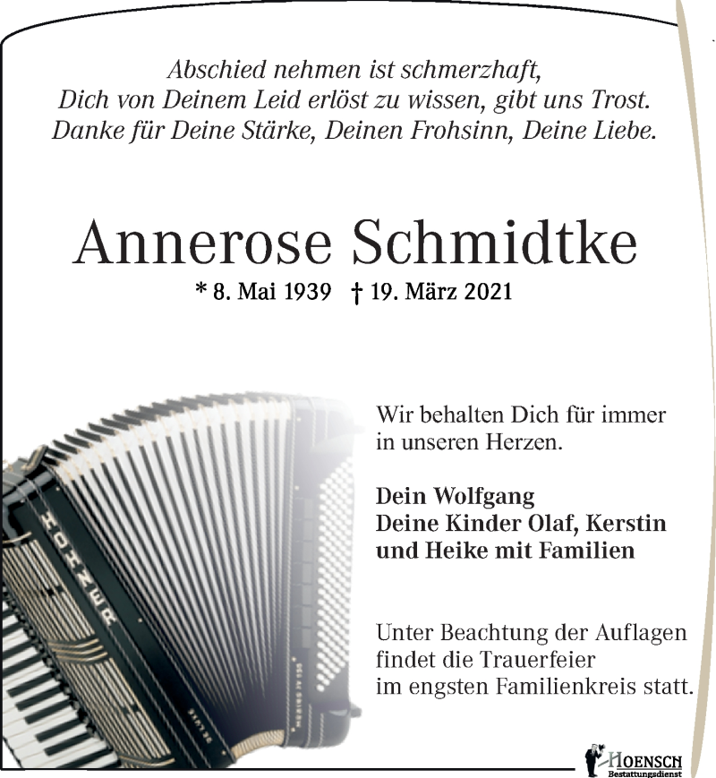  Traueranzeige für Annerose Schmidtke vom 10.04.2021 aus Leipziger Volkszeitung