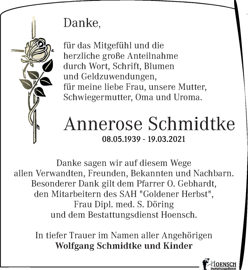  Traueranzeige für Annerose Schmidtke vom 24.04.2021 aus Leipziger Volkszeitung