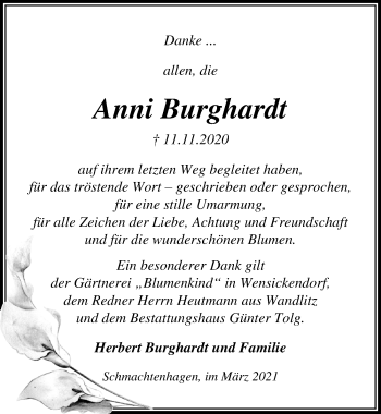 Traueranzeige von Anni Burghardt von Märkischen Allgemeine Zeitung