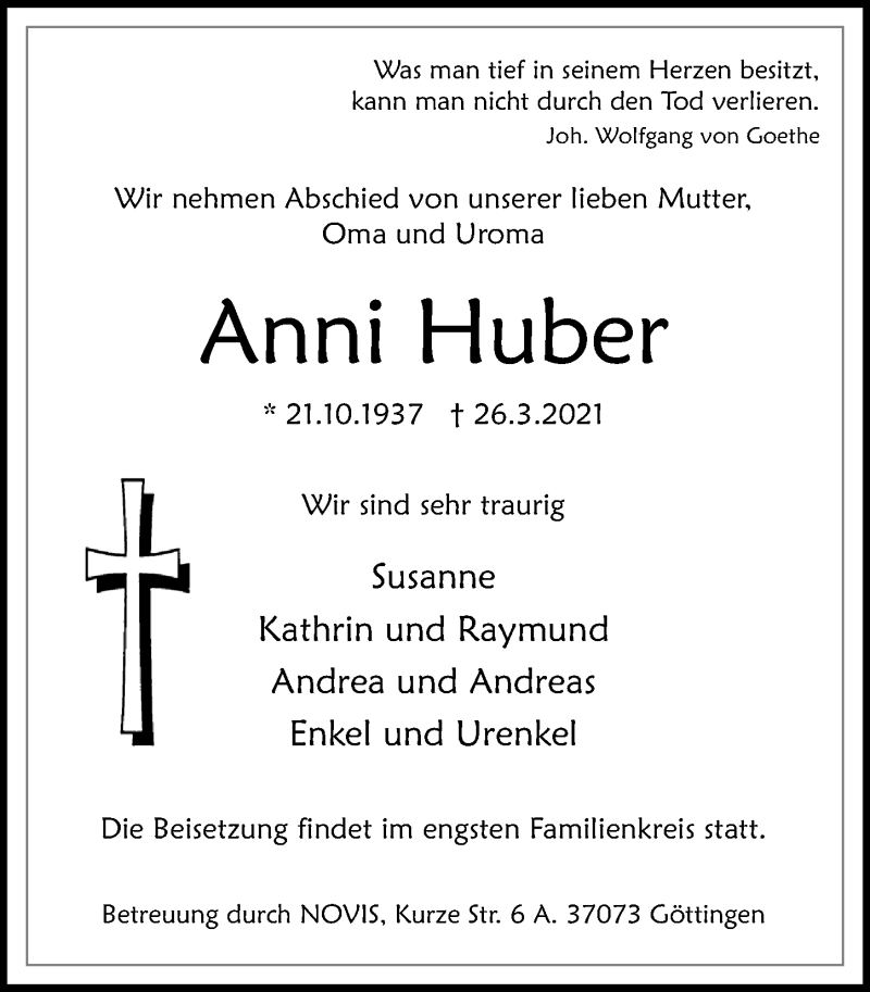  Traueranzeige für Anni Huber vom 03.04.2021 aus Göttinger Tageblatt