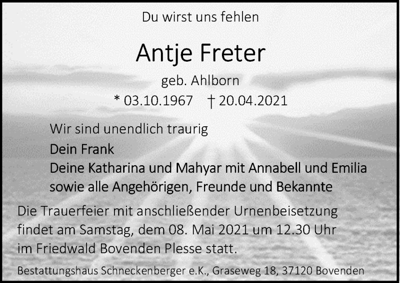  Traueranzeige für Antje Freter vom 24.04.2021 aus Göttinger Tageblatt
