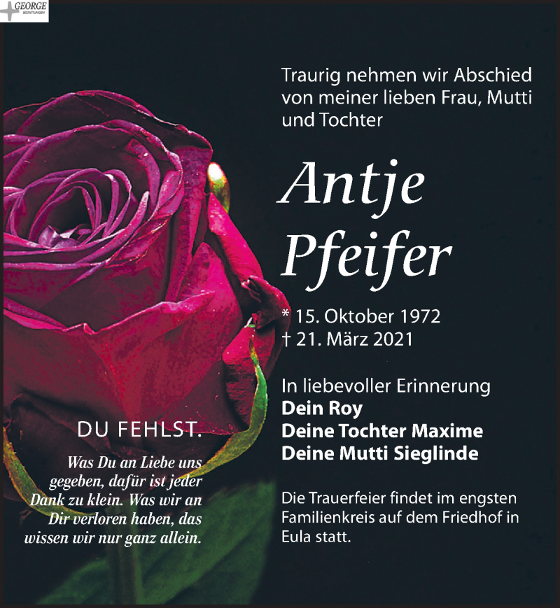  Traueranzeige für Antje Pfeifer vom 10.04.2021 aus Leipziger Volkszeitung