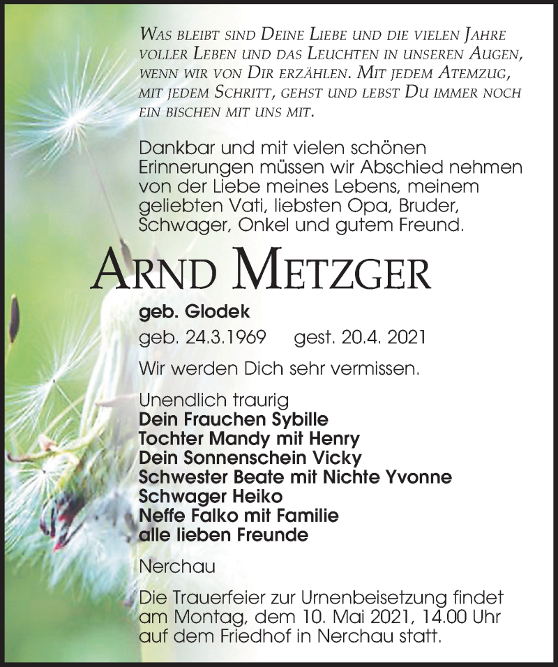  Traueranzeige für Arnd Metzger vom 24.04.2021 aus Leipziger Volkszeitung
