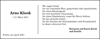 Traueranzeige von Arno Klook von Kieler Nachrichten