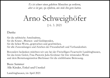 Traueranzeige von Arno Schweighöfer von Hannoversche Allgemeine Zeitung/Neue Presse
