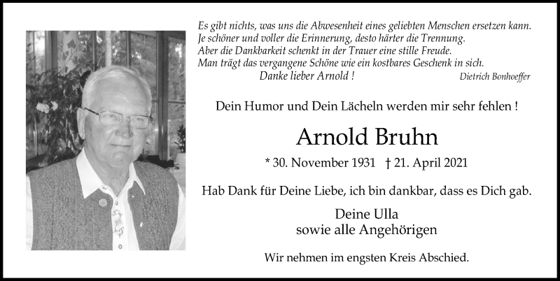  Traueranzeige für Arnold Bruhn vom 25.04.2021 aus Lübecker Nachrichten