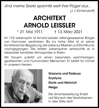 Traueranzeige von Arnold Leissler von Hannoversche Allgemeine Zeitung/Neue Presse