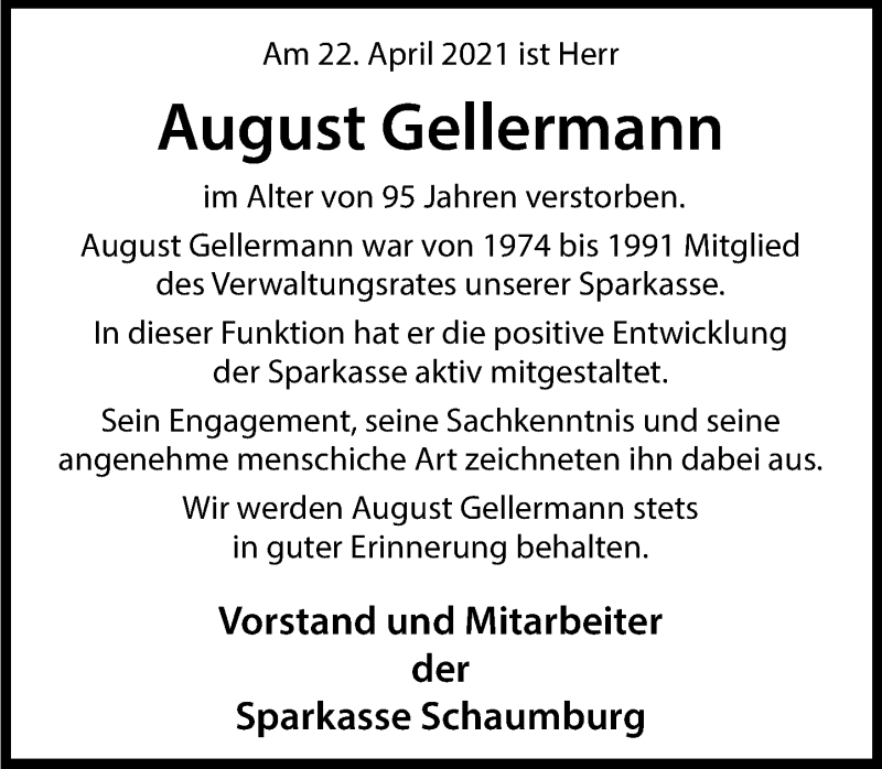  Traueranzeige für August Gellermann vom 29.04.2021 aus Schaumburger Nachrichten
