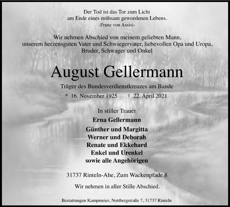  Traueranzeige für August Gellermann vom 27.04.2021 aus Schaumburger Nachrichten