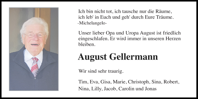  Traueranzeige für August Gellermann vom 27.04.2021 aus Schaumburger Nachrichten