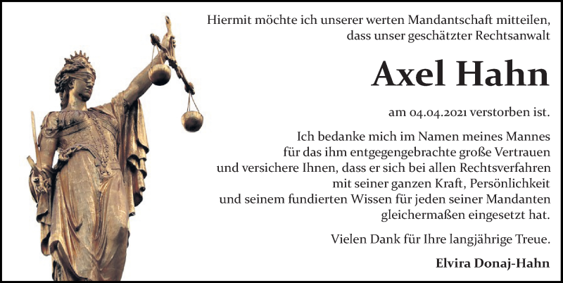  Traueranzeige für Axel Hahn vom 13.04.2021 aus Leipziger Volkszeitung