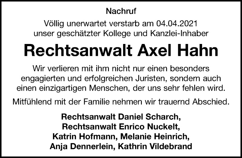  Traueranzeige für Axel Hahn vom 17.04.2021 aus Leipziger Volkszeitung