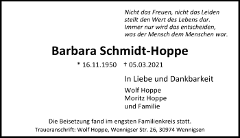 Traueranzeige von Barbara Schmidt-Hoppe von Hannoversche Allgemeine Zeitung/Neue Presse