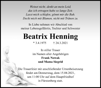 Traueranzeige von Beatrix Henning von Märkischen Allgemeine Zeitung