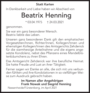Traueranzeige von Beatrix Henning von Märkischen Allgemeine Zeitung
