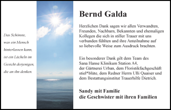 Traueranzeige von Bernd Galda von Ostsee-Zeitung GmbH