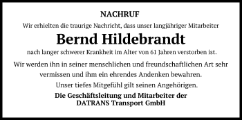 Traueranzeige von Bernd Hildebrandt von Ostsee-Zeitung GmbH