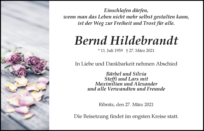  Traueranzeige für Bernd Hildebrandt vom 03.04.2021 aus Ostsee-Zeitung GmbH