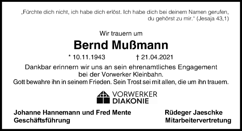  Traueranzeige für Bernd Mußmann vom 25.04.2021 aus Lübecker Nachrichten