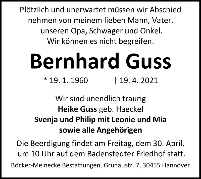 Traueranzeige für Bernhard Guss vom 24.04.2021 aus Hannoversche Allgemeine Zeitung/Neue Presse
