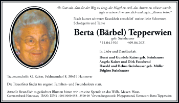 Traueranzeige von Berta Tepperwien von Hannoversche Allgemeine Zeitung/Neue Presse