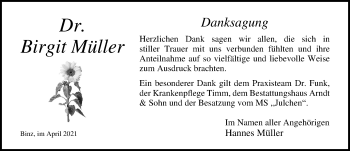 Traueranzeige von Birgit Müller von Ostsee-Zeitung GmbH