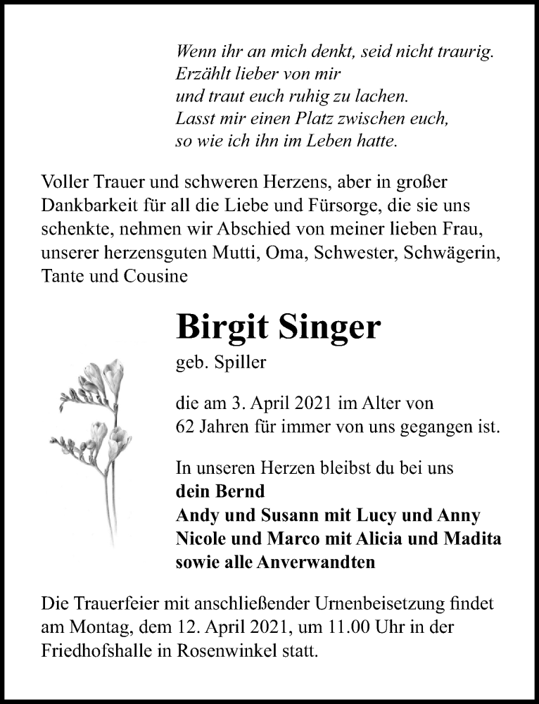  Traueranzeige für Birgit Singer vom 08.04.2021 aus Märkischen Allgemeine Zeitung