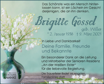 Traueranzeige von Brigitte Gössel von Leipziger Volkszeitung