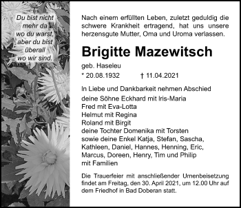 Traueranzeige von Brigitte Mazewitsch von Ostsee-Zeitung GmbH
