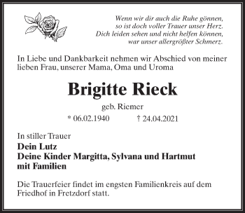 Traueranzeige von Brigitte Rieck von Märkischen Allgemeine Zeitung