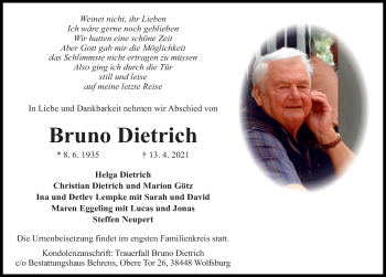 Traueranzeige von Bruno Dietrich von Aller Zeitung