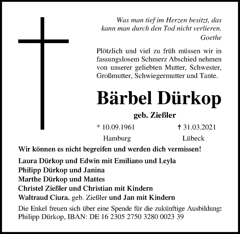  Traueranzeige für Bärbel Dürkop vom 07.04.2021 aus Lübecker Nachrichten