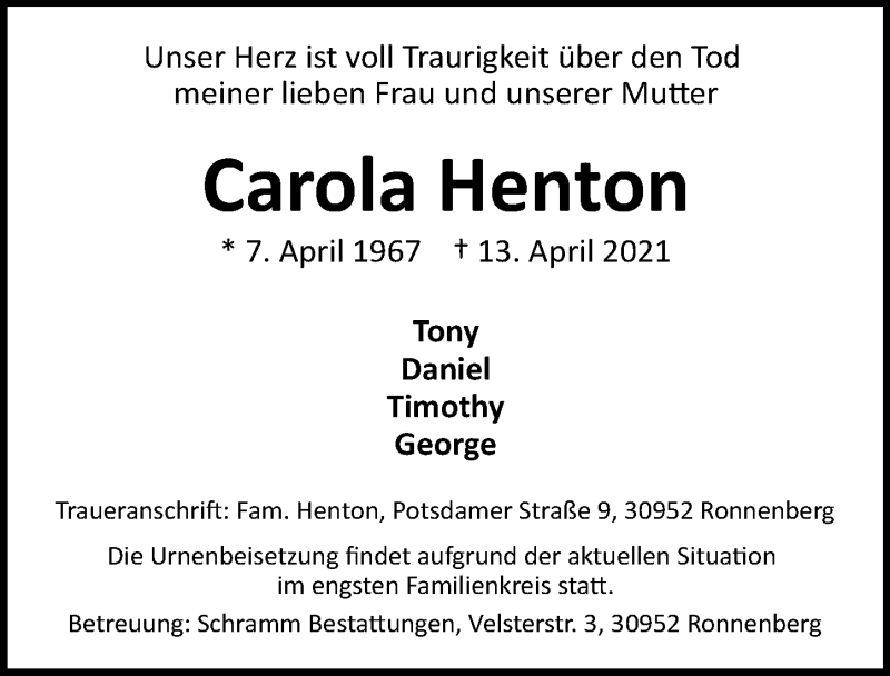  Traueranzeige für Carola Henton vom 17.04.2021 aus Hannoversche Allgemeine Zeitung/Neue Presse