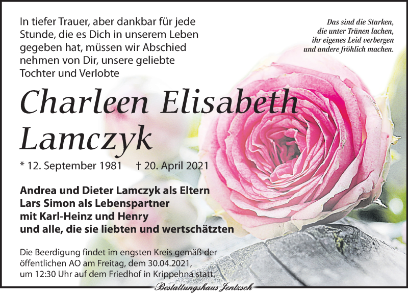  Traueranzeige für Charleen Elisabeth Lamczyk vom 24.04.2021 aus Leipziger Volkszeitung