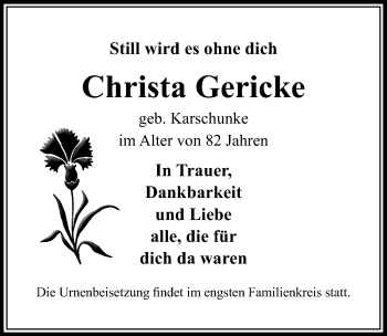 Traueranzeige von Christa Gericke von Märkischen Allgemeine Zeitung