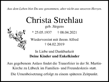 Traueranzeige von Christa Strehlau von Lübecker Nachrichten