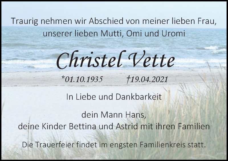  Traueranzeige für Christel Vette vom 24.04.2021 aus Ostsee-Zeitung GmbH