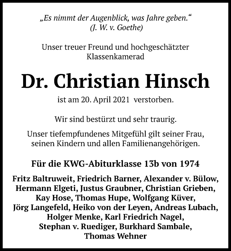  Traueranzeige für Christian Hinsch vom 24.04.2021 aus Hannoversche Allgemeine Zeitung/Neue Presse