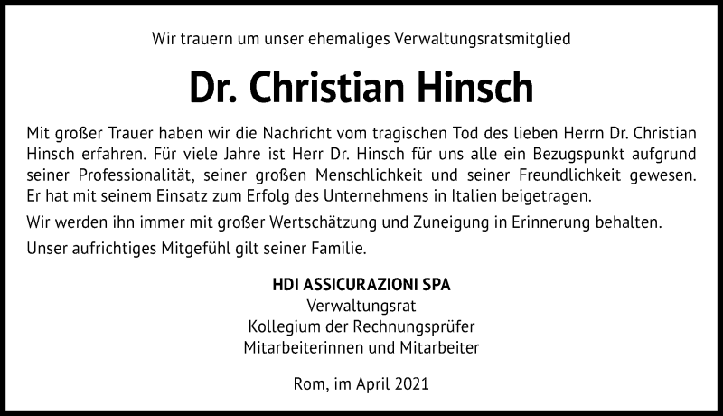  Traueranzeige für Christian Hinsch vom 24.04.2021 aus Hannoversche Allgemeine Zeitung/Neue Presse