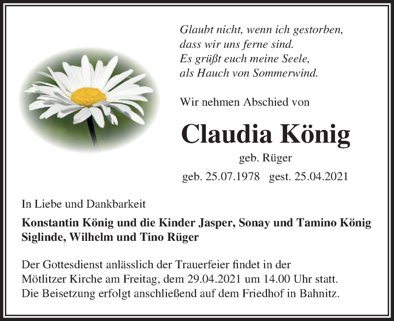  Traueranzeige für Claudia König vom 30.04.2021 aus Märkischen Allgemeine Zeitung
