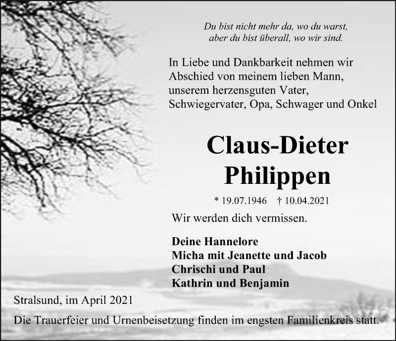  Traueranzeige für Claus-Dieter Philippen vom 17.04.2021 aus Ostsee-Zeitung GmbH