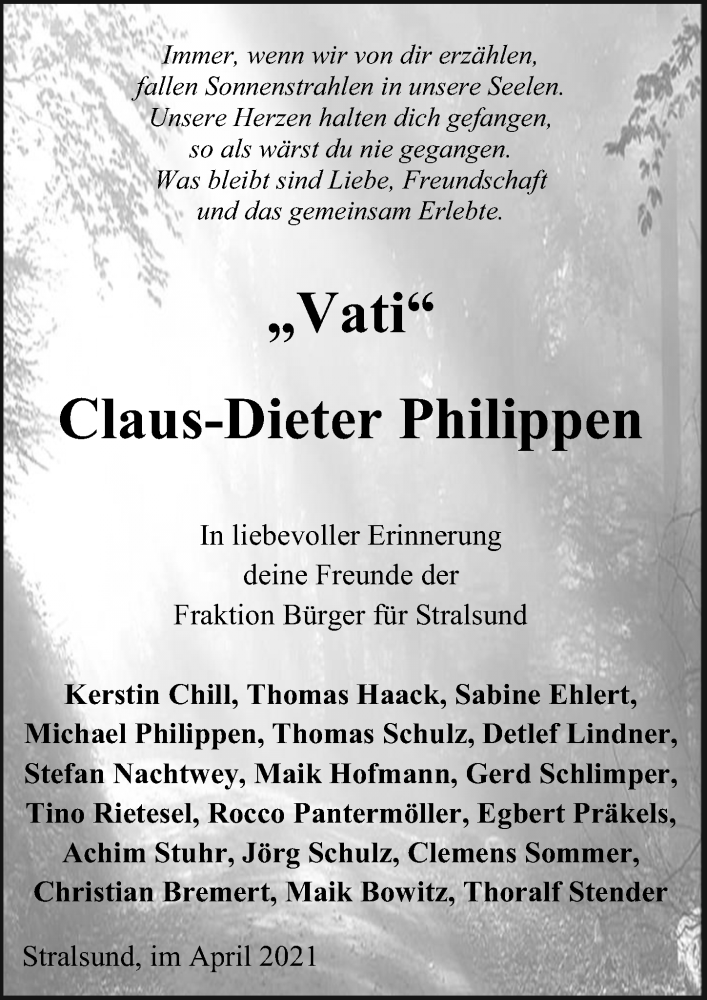  Traueranzeige für Claus-Dieter Philippen vom 17.04.2021 aus Ostsee-Zeitung GmbH