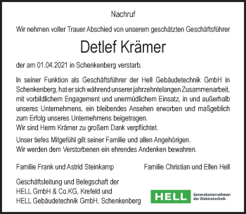 Traueranzeige von Detlef Krämer von Märkischen Allgemeine Zeitung