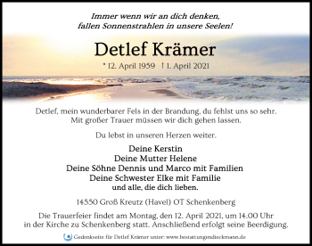 Traueranzeige von Detlef Krämer von Märkischen Allgemeine Zeitung