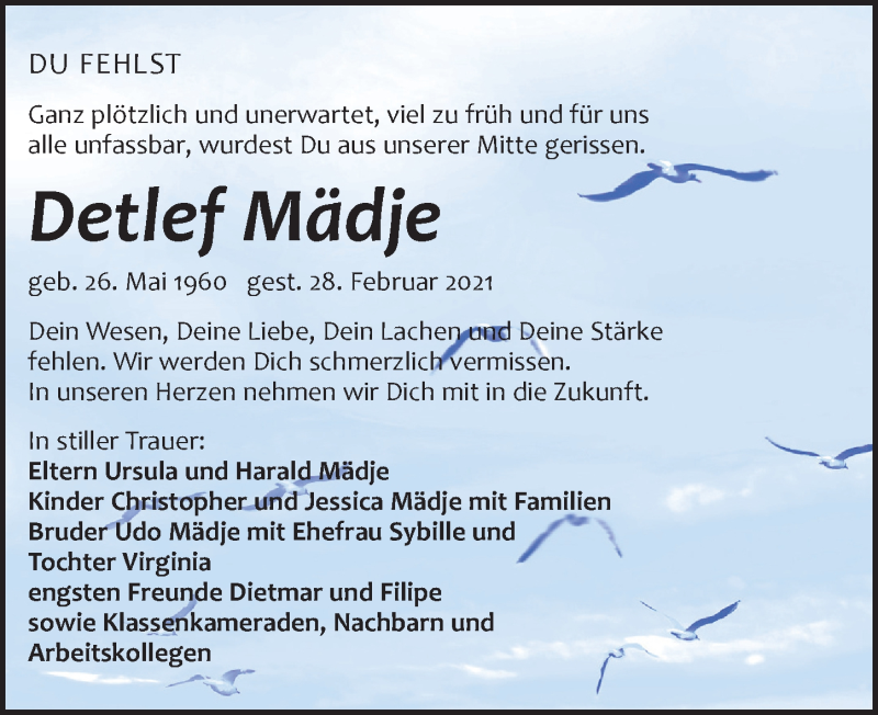  Traueranzeige für Detlef Mädje vom 03.04.2021 aus Leipziger Volkszeitung
