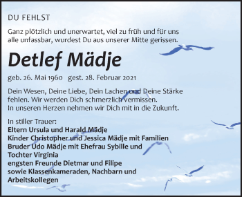 Traueranzeige von Detlef Mädje von Leipziger Volkszeitung