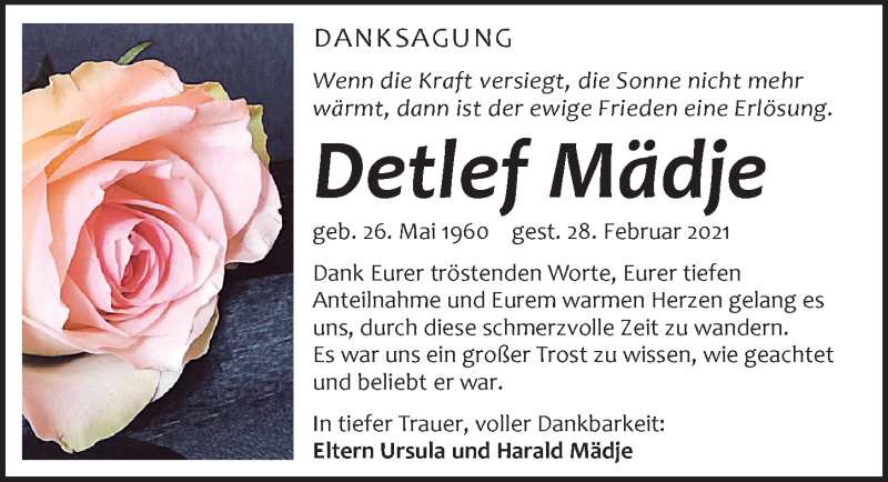  Traueranzeige für Detlef Mädje vom 24.04.2021 aus Leipziger Volkszeitung
